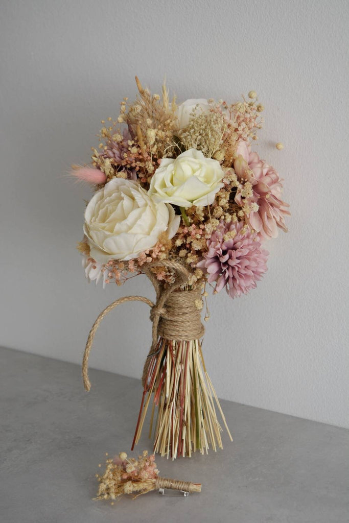 White and Pink Rose Dried Flowers l Wedding Bouquet Set
