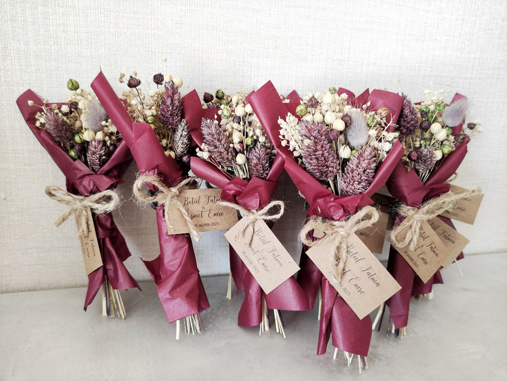 Purple Red Dried Mini Bouquet | Personalized Wedding Favors for Guests