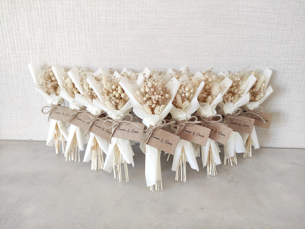 White Natural Dried Mini Bouquet | Personalized Wedding Favors for Guests