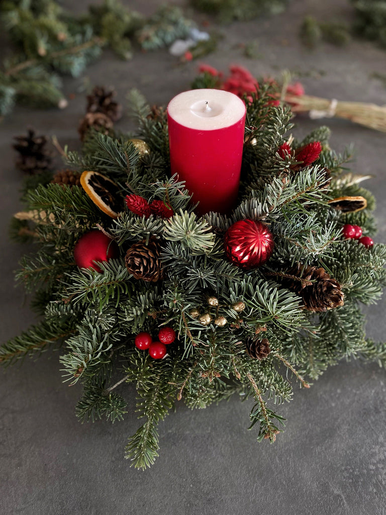 Christmas Table Centerpiece, Red Christmas Decor with Candle, Thanksgiving Table Decor