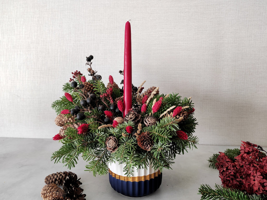 Christmas Table Centerpiece with Candle, Red Christmas Decor, Thanksgiving Flower Vase