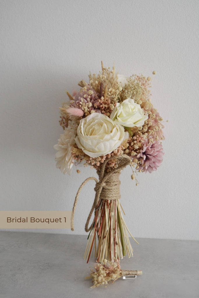 White and Pink Rose Dried Flowers l Wedding Bouquet Set