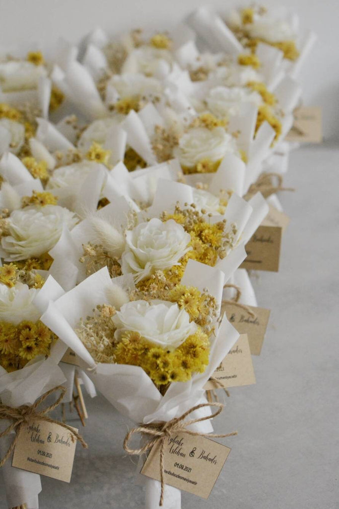 White Rose Dried Mini Bouquet | Personalized Wedding Favors for Guests