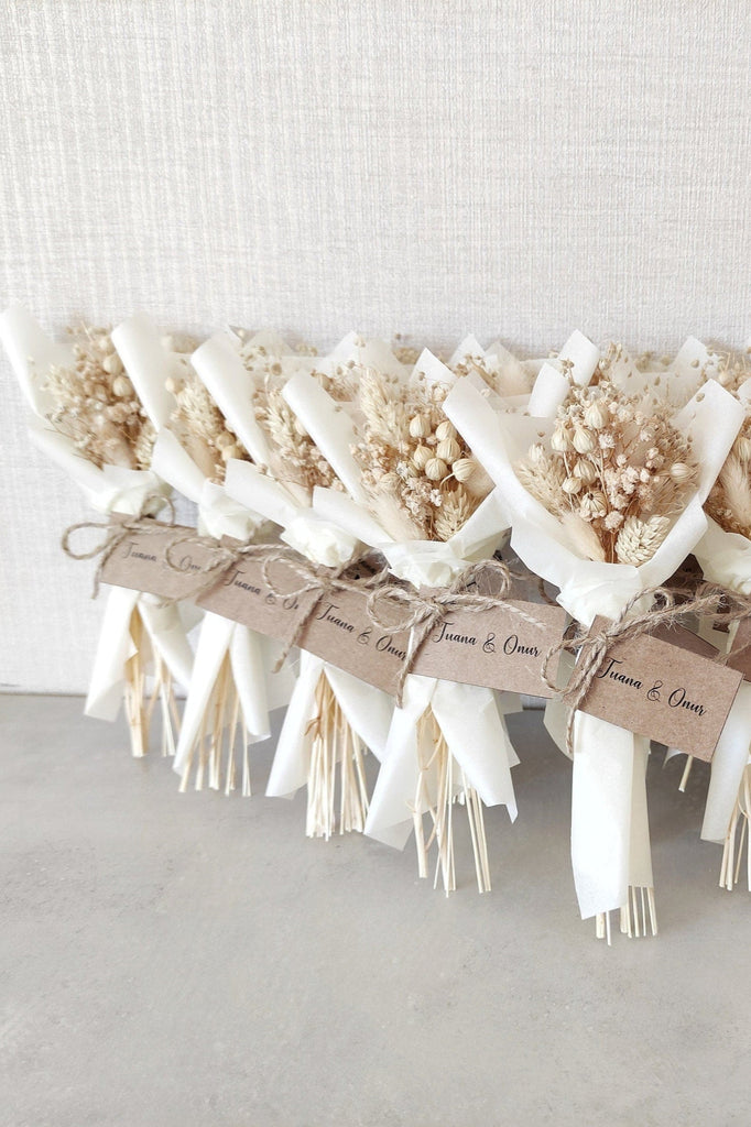 White Natural Dried Mini Bouquet | Personalized Wedding Favors for Guests